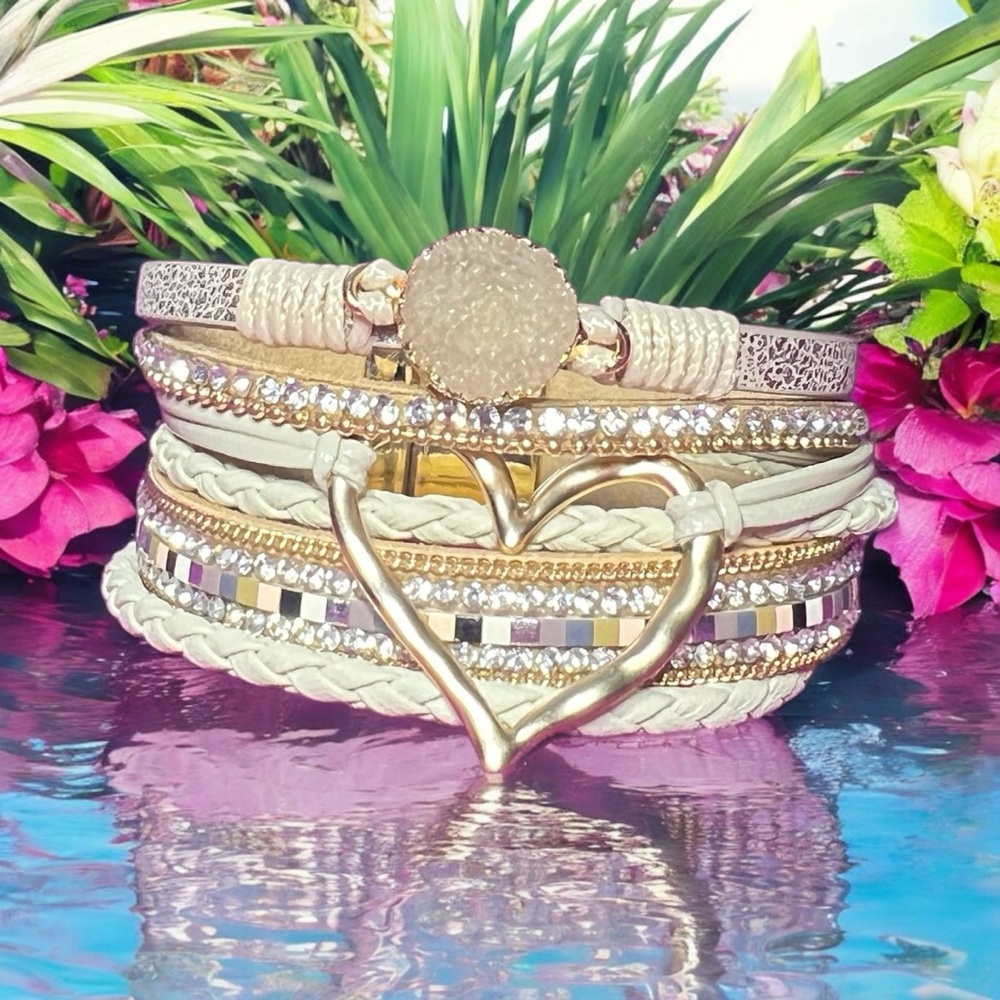 Multilayer Braided Leather Wrap Bracelet w/ Heart Charm Cream Casual Par…